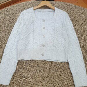 Light Gray Cable Knit Cropped Cardigan Rhinestone Button